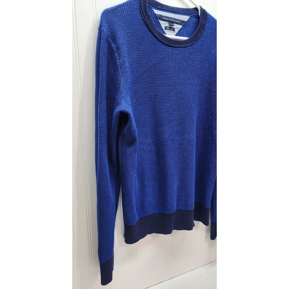Tommy Hilfiger Mens Blue Textured Knit Crewneck Sweater L Cotton & Ribbed Cuffs - Picture 3 of 11